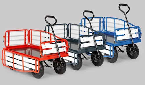 Ruční zahradní vozíky v různých barevných variantách